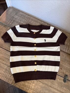 RL Women’s Short-Sleeve Striped Cardigan — Brown & Cream